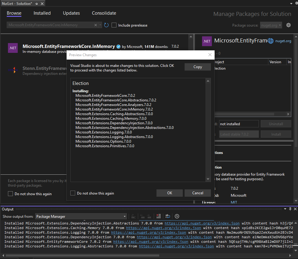 Installing InMemory EntityFramework